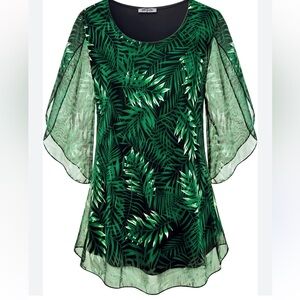 NWT-Sese Code-2X-green-leaf pattern, mesh, overlay, short sleeve, blouse, top.